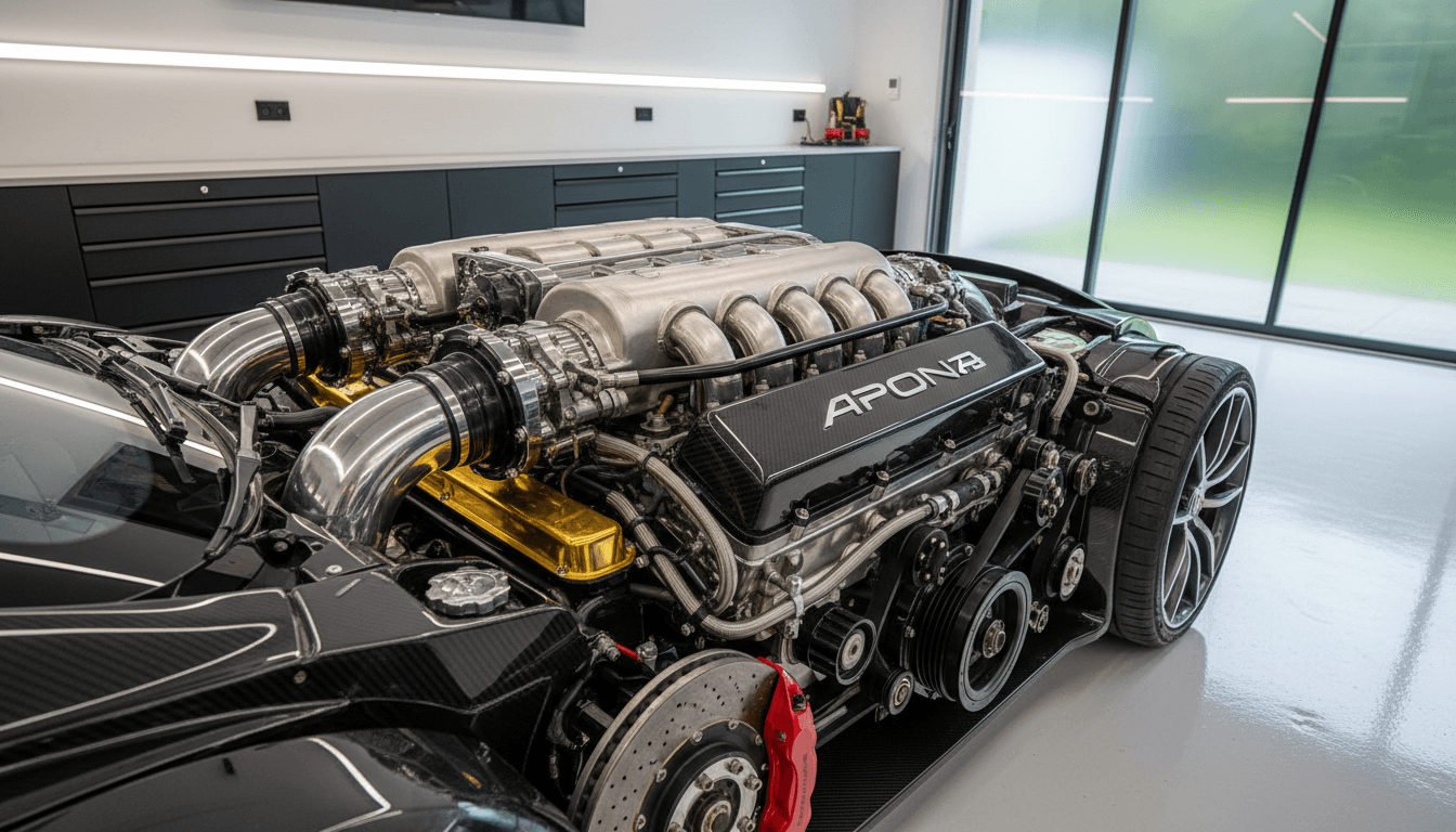 Detail of a luxury sports car engine bay with polished components in a modern garage