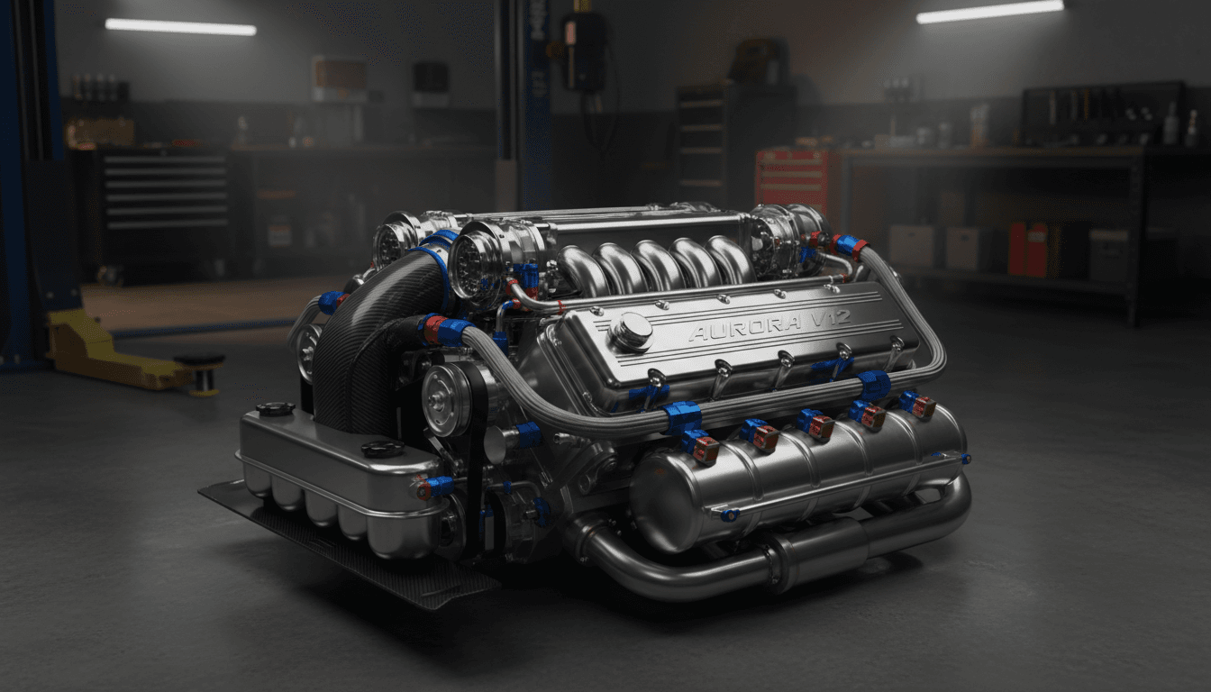 Polished engine bay of a luxury sports car in a subdued workshop