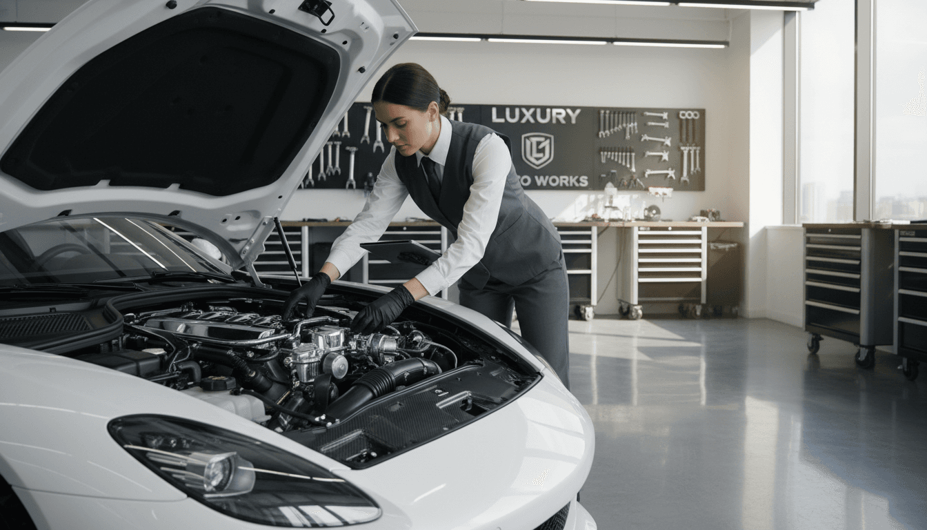 Specialist in professional attire inspecting a high-end car engine in a clean workshop
