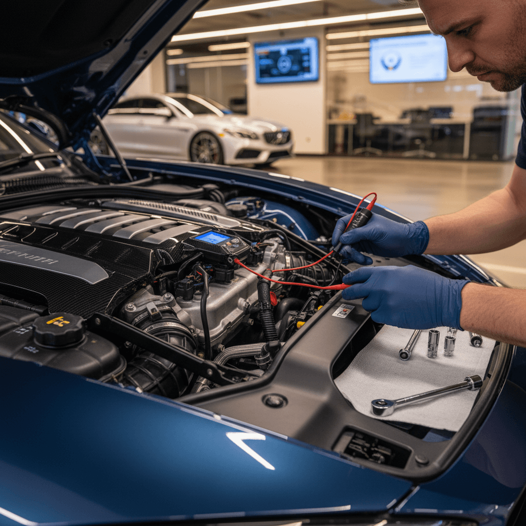 Specialist inspecting a luxury car engine in a modern workshop