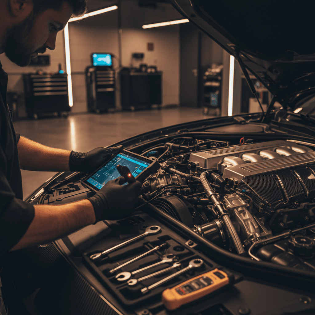 Mechanic inspecting a high-performance vehicle in an upscale garage