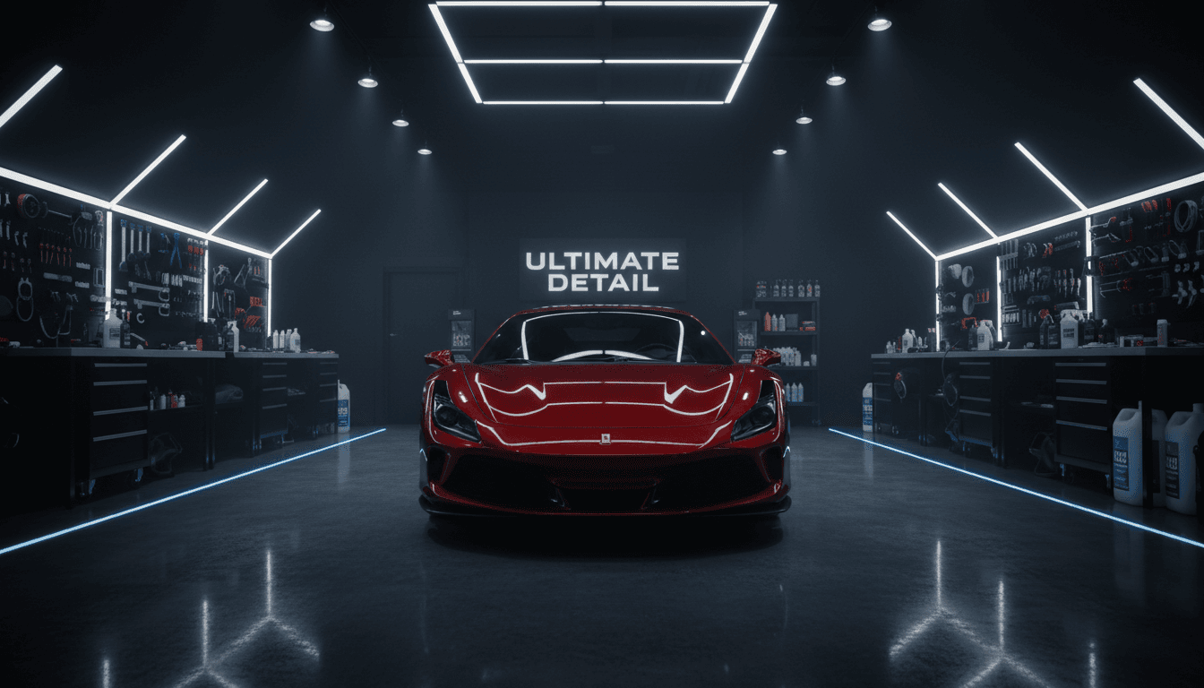 Luxury car engine bay in a dimly lit workshop