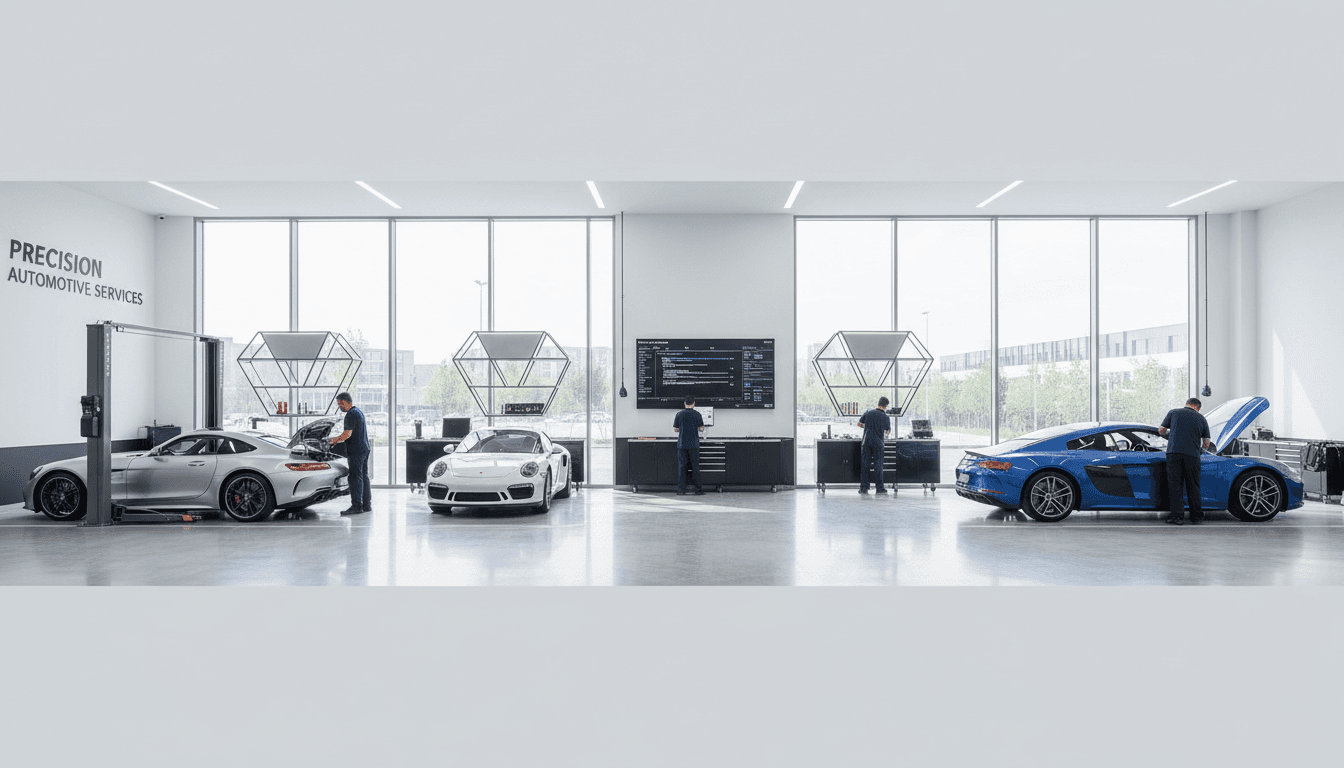 Luxury car engine in a professional auto service workshop